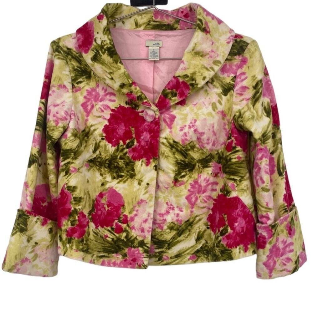 Odille Anthropologie Colorful Floral Print Cuffed Cropped One Button Jacket